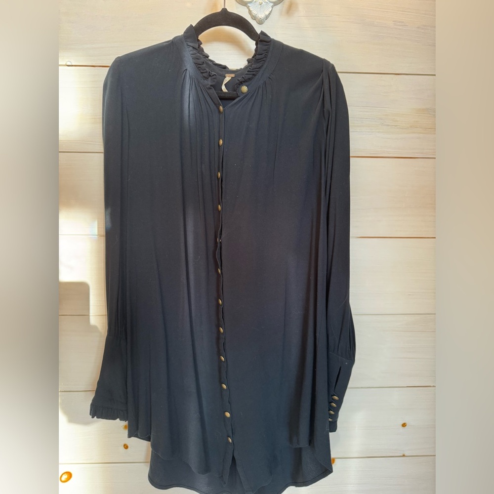 Free People Black Ruffle Collar Button-Front Blouse
